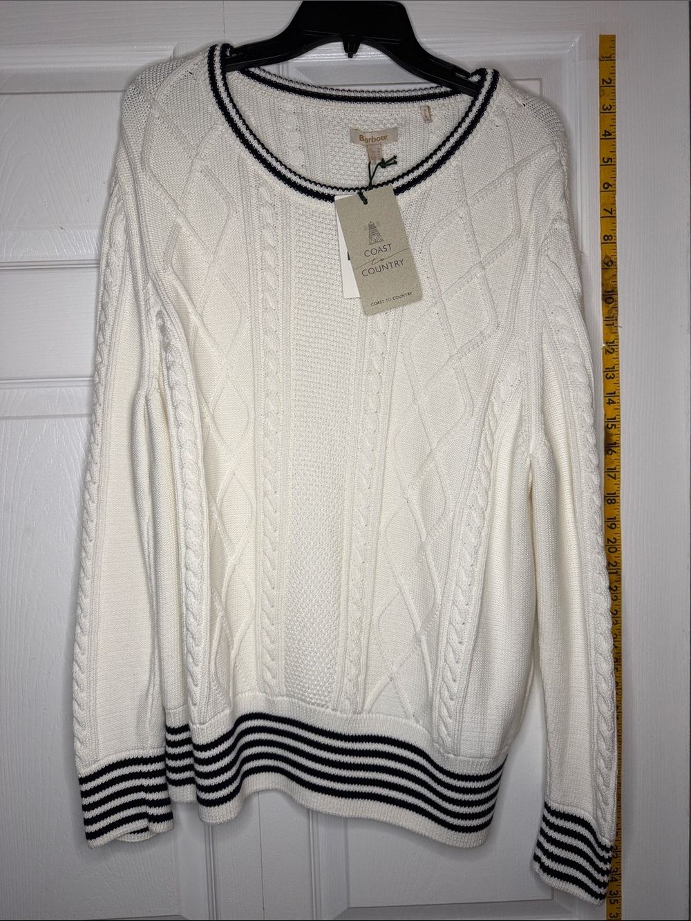 Barbour Cream Cable Knit Sweater with Navy Stripe Trim